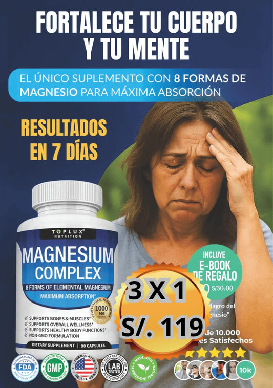 🧲 Magnesio Complex™ 8 en 1,   3 X 119 SOLES (90 Cápsulas Original)